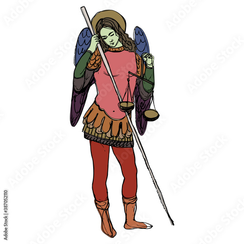 Winged angel or archangel with wages and spear. Religious Christian character. Hand drawn colorful sketch.