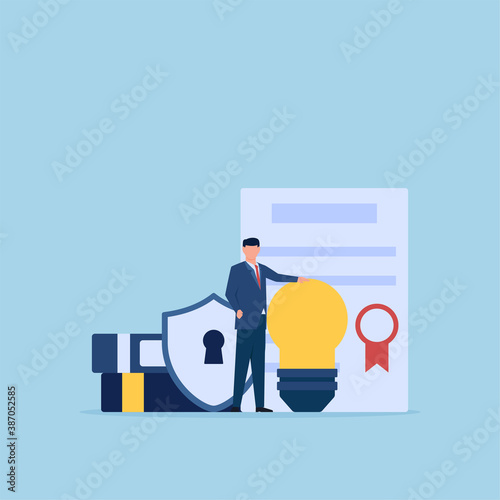 Man with bulb and law certificate for intellectual property flat conceptual illustration.