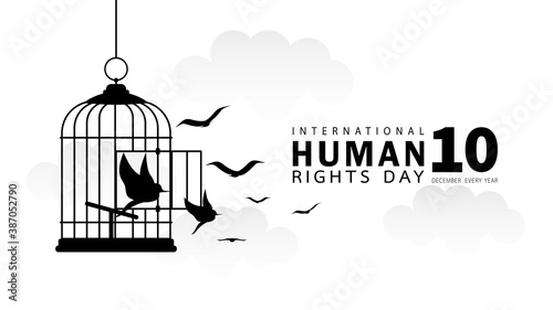 Human Rights Day concept. International peace. December 10, every year. Bird's silhouette is flying out of the cage, design on the sky background. Black and white. Cartoon style. Vector illustration.
