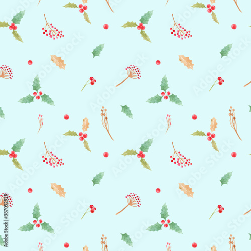 Seamless pattern with Christmas symbol Holly Leaves and berries on a blue background.