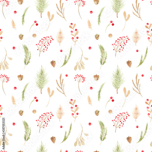 Seamless pattern Christmas boho elements. Watercolor winter floral set Holiday branches, leaves, cones, berries, coniferous branches, leaves on a white background. Xmas background photo