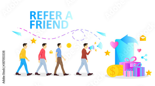 refer a friend banner illustration with man and megaphone for social media network