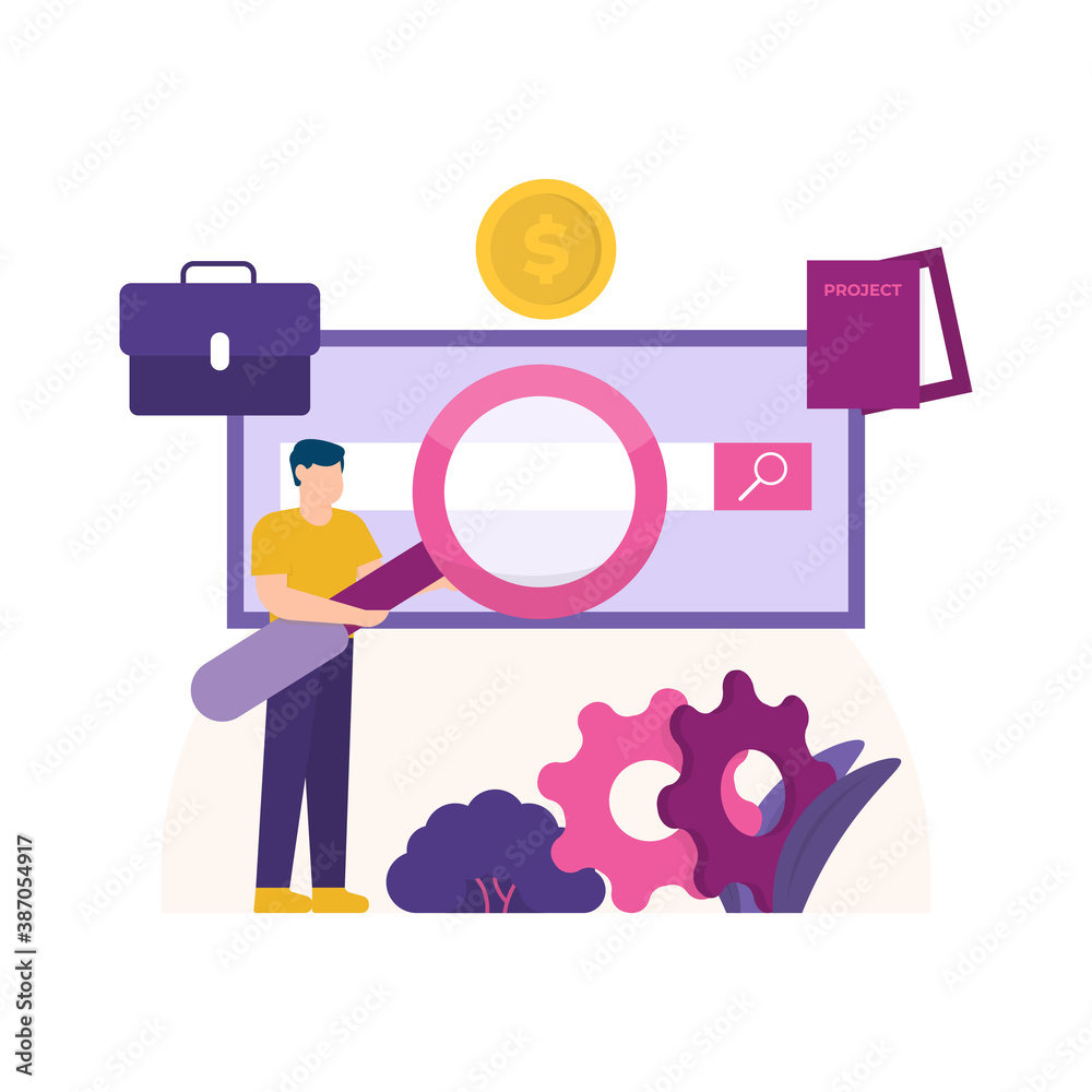 job search concept or project. illustration of a person holding a magnifying glass and using a search site. briefcases, books, gears, and coins. flat style. design elements job search concept or project. illustration of a person holding a magnifying glass and using a search site. briefcases, books, gears, and coins. flat style. design elements