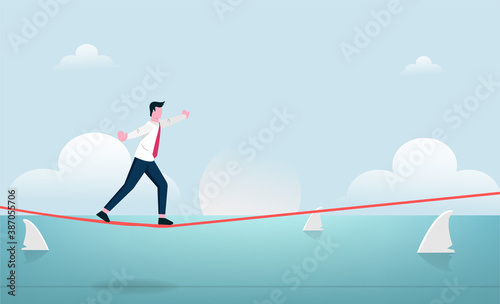 Businessman walking in balance on tightrope with risk vector illustration.