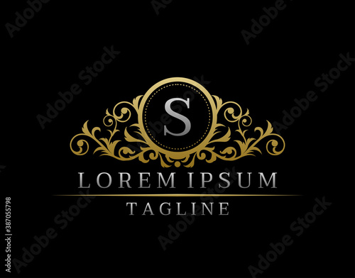 Luxury Boutique Letter S Monogram Logo, Vintage Golden Badge With Elegant Floral Design.