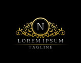 Luxury Boutique Letter N Monogram Logo, Elegant Gold Badge With Classy Floral Design.