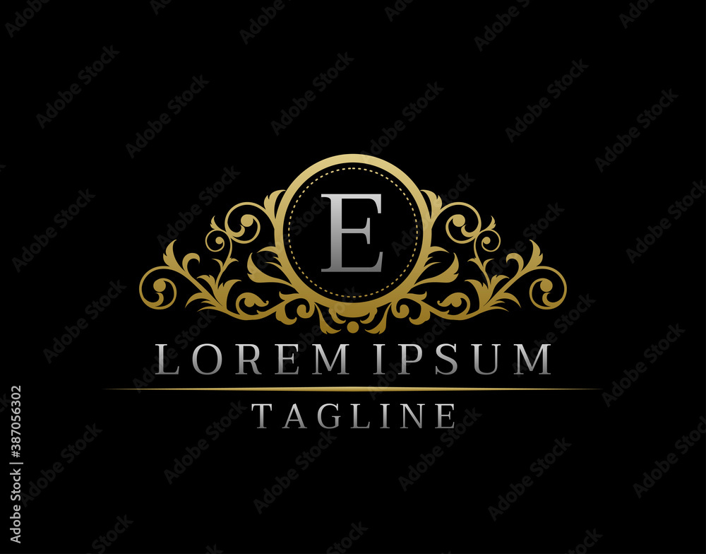 Luxury Boutique Letter E Monogram Logo, Elegant Gold Badge With Classy Floral Design.