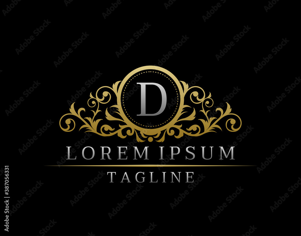 Fototapeta premium Luxury Boutique Letter D Monogram Logo, Elegant Gold Badge With Classy Floral Design.