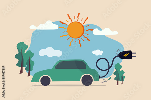 EV, Electric car clean energy environment friendly or hi technology using reusable solar power to fuel battery car concept, Electric car with power cable and electric plug with nature tree and sun.