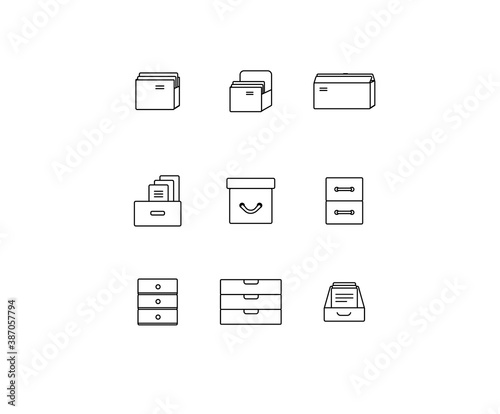 Drawers, filling icon set. Large, boxes, filing cabinet, sectional, guarded, checked, channel, asset, minimal vector illustrations. Minimal outline stroke icon set for websites.