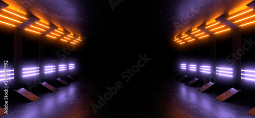 Fototapeta Naklejka Na Ścianę i Meble -  A dark corridor lit by colorful neon lights. Reflections on the floor and walls. 3d rendering image.