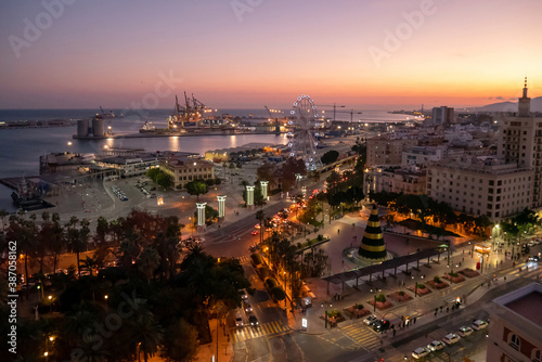 Malaga city view at night at christmas time