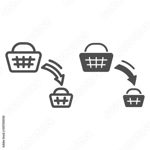 Shopping basket decrease line and solid icon, economic sanctions concept, decline in purchasing power sign on white background, big and small consumer basket icon in outline style. Vector graphics.