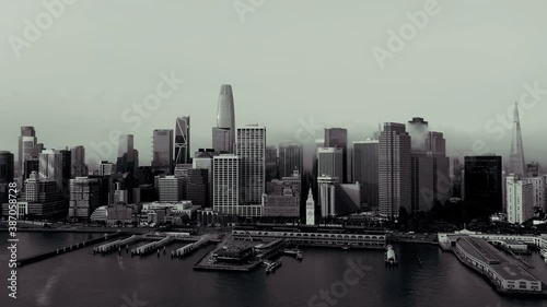 Futuristic aerial of San Francisco Skyline in Black and White