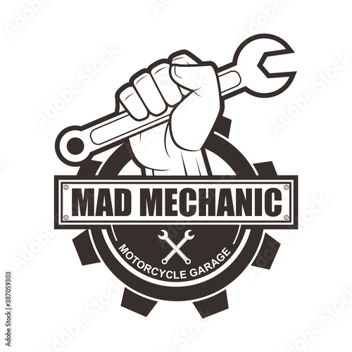 Vector logo, badge, symbol, icon template design with Tool and Hand Theme
