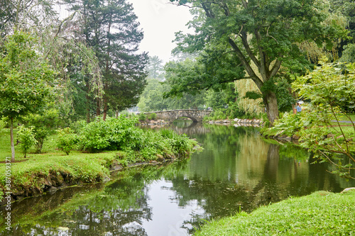 Stone arch bridge going over a pond on a rainy day in New York