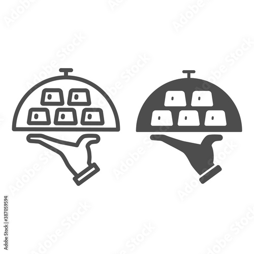 Gold bars on tray line and solid icon, finance concept, wealth on covered tray sign on white background, gold bullion on hand icon in outline style for mobile, web design. Vector graphics.