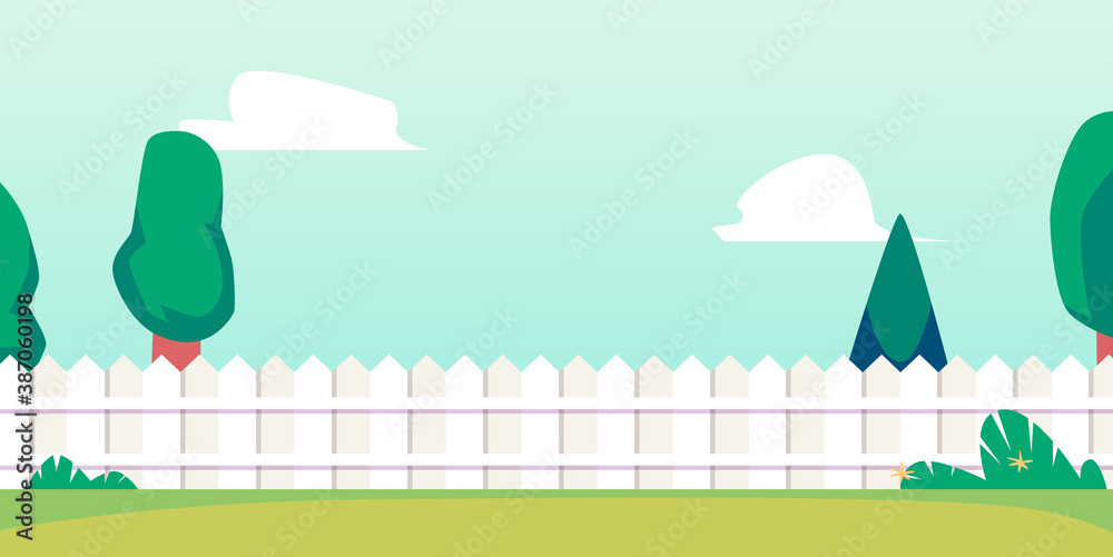 Summer backyard background banner with fence and lawn flat vector illustration.