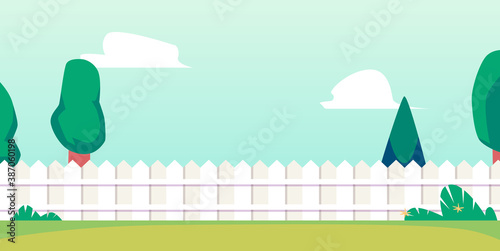 Summer backyard background banner with fence and lawn flat vector illustration.