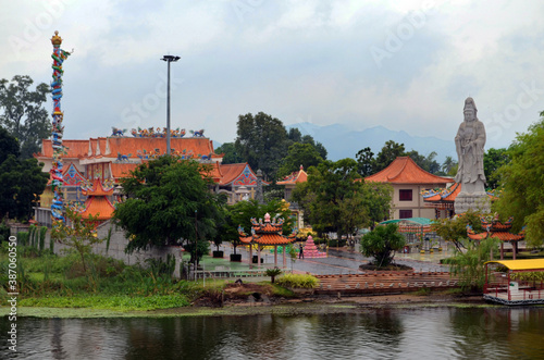 Kanchanaburi, Thailand - View of Guan Im Sutham Temple from the Bridge