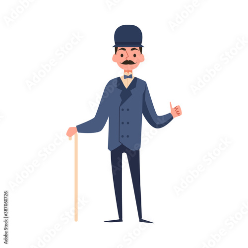 Victorian gentleman with cane and bowler hat, flat vector illustration isolated.