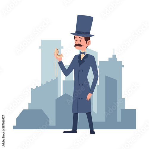 Vintage gentleman at backdrop of buildings flat vector illustration isolated.