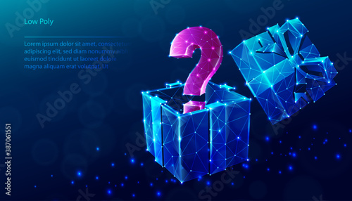 Vector tech low poly blue background. Low poly question sign coming out of the gift box.