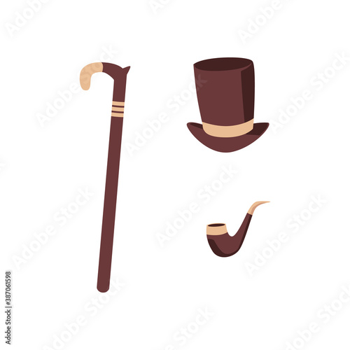 Set of gentleman hat, cane and smoking pipe flat vector illustration isolated.