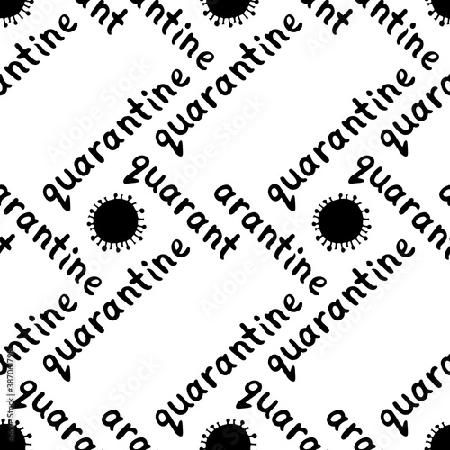 Vector seamless pattern with the quarantine logo - inscription and icon of molecule, virus cell. The topic of self-isolation, self-defense, protection and time of spread of coronavirus