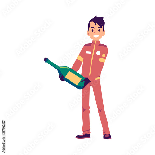 Car race winner man with bottle of champaign , flat vector illustration isolated.