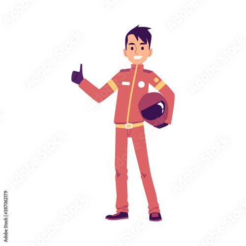 Car pilot or race driver rising thumb up, flat vector illustration isolated.