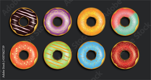 Illustration of eight delicious donuts with various toppings, isolated on dark background. Vector stock.