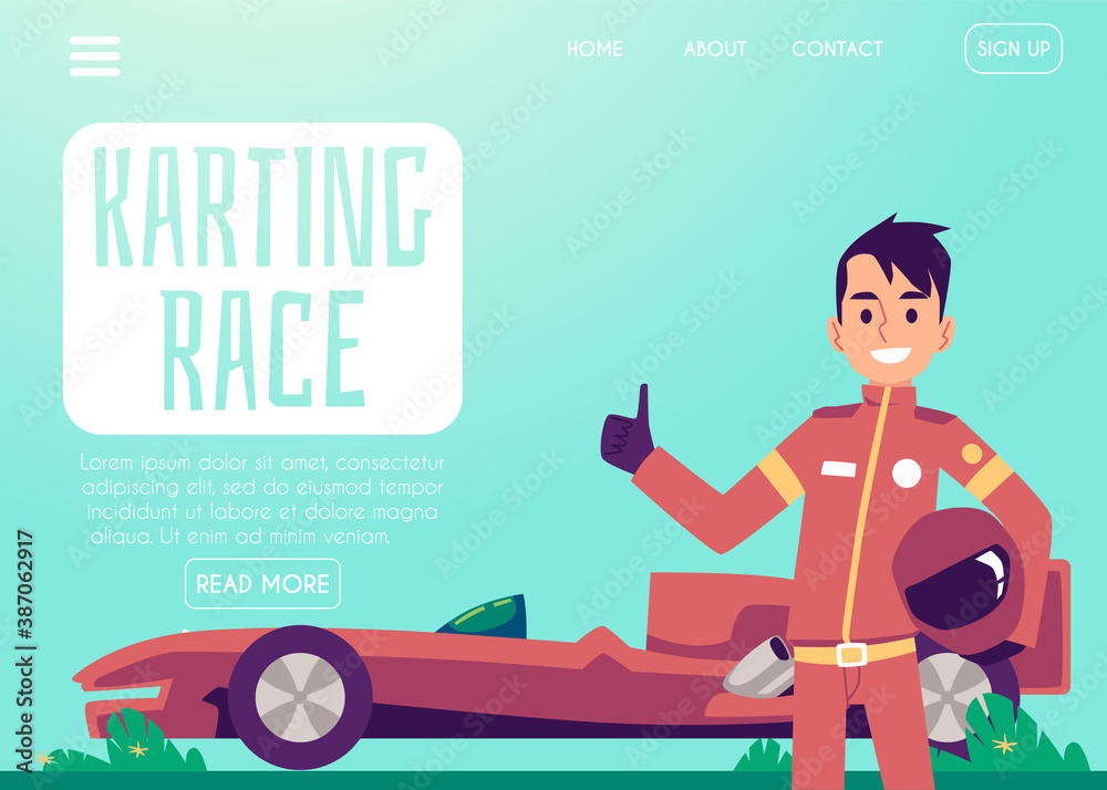 Karting race car driver landing page, flat cartoon vector illustration
