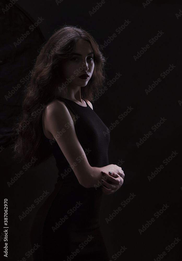 Silhouette of a beautiful, slender brunette in a black dress Silhouette of a beautiful, slender brunette in a black dress