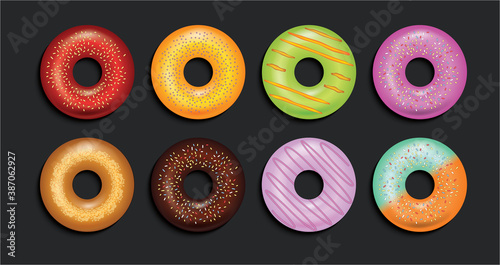 Illustration of eight delicious colorful donuts with various toppings, isolated on dark background. Vector stock.