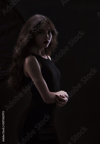 Silhouette of a beautiful  slender brunette in a black dress