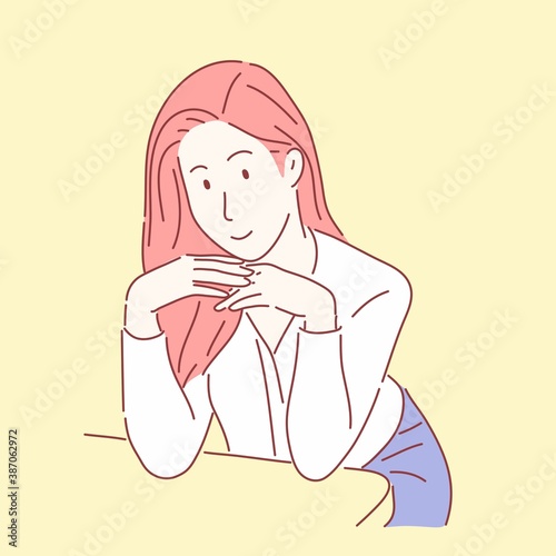 Pretty woman sitting with table. Hand drawn character flat style