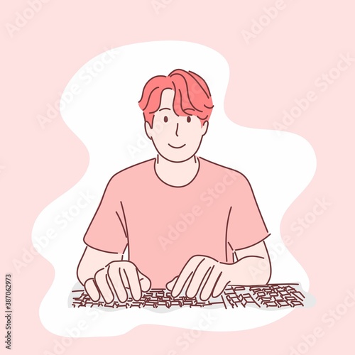 Smart man typing on keyboard. Hand drawn flat character style.
