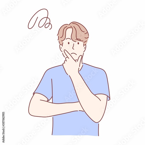 Man is thinking, question, confused, not sure concept. Hand drawn flat character.