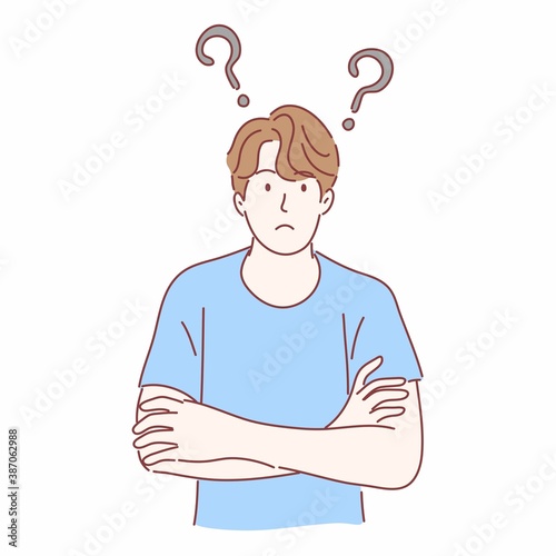 Man is thinking, question, confused, not sure concept. Hand drawn flat character.