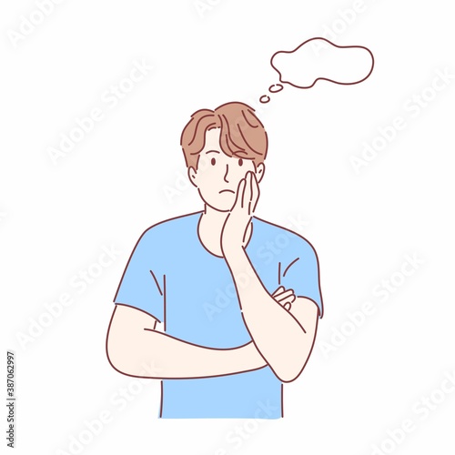 Man is thinking, question, confused, not sure concept. Hand drawn flat character.