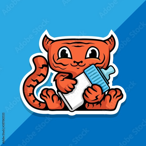 baby tiger holding a bottle of milk. vector illustration.