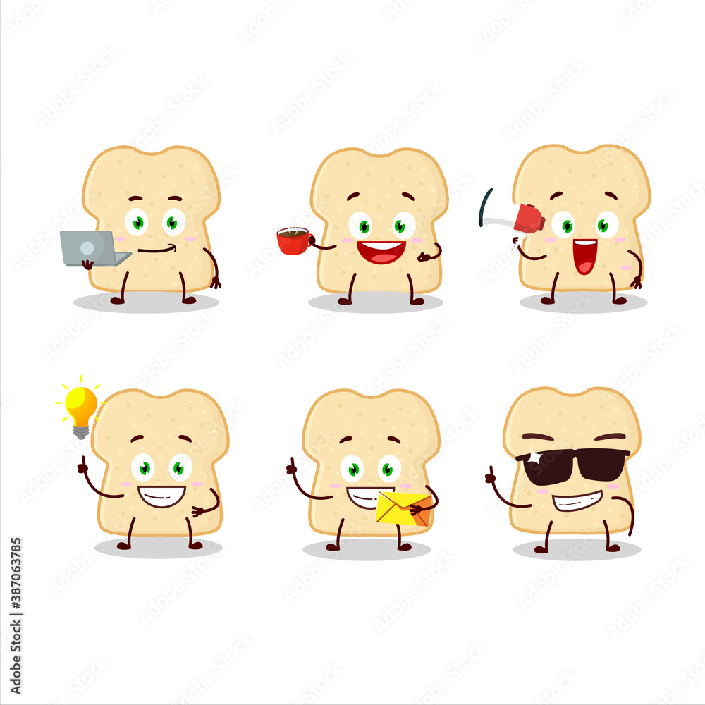 Slice of bread cartoon character with various types of business emoticons