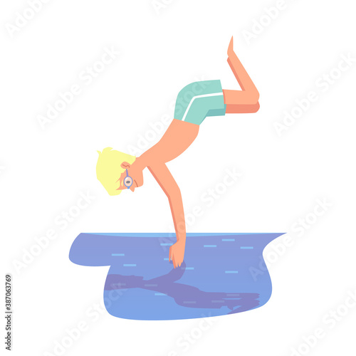 Teenage boy in jumps into water from height, flat vector illustration isolated.
