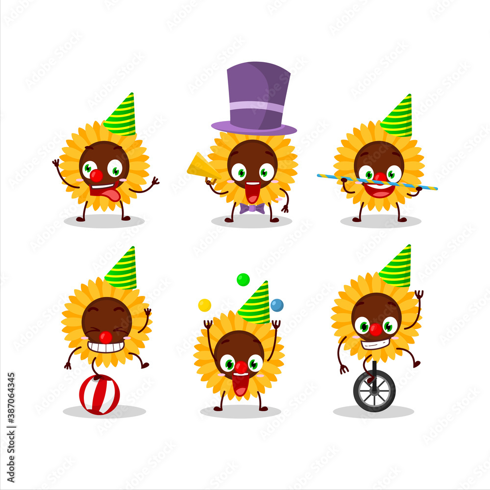 Cartoon character of sunflower with various circus shows Cartoon character of sunflower with various circus shows