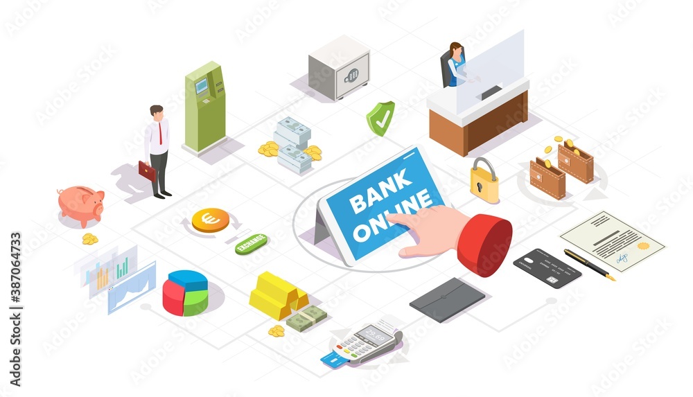 Mobile banking services isometric flowchart, vector illustration. Smartphone, bank employee, customer, bank symbols atm, cash money, credit card, wallet, safe. Finance transactions and online payment. Mobile banking services isometric flowchart, vector illustration. Smartphone, bank employee, customer, bank symbols atm, cash money, credit card, wallet, safe. Finance transactions and online payment.