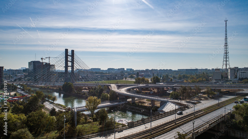 Aerial view of the Ciurel Passage Suspended Bridge on a sunny day. Aerial view of the Ciurel Passage Suspended Bridge on a sunny day.