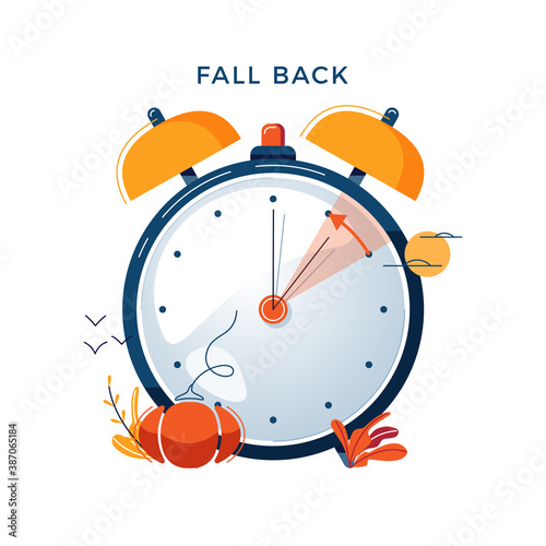 Daylight Saving Time concept. Autumn landscape with text Fall Back, the hand of the clocks turning to winter time. DST in Northern Hemisphere, USA time, vector illustration in modern flat style design