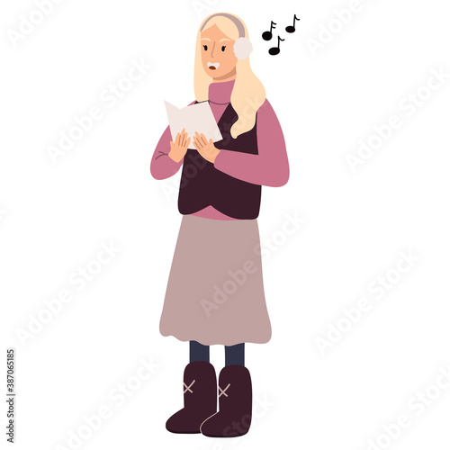 Young girl dressed in outerwear singing Christmas carol isolated on white background . 