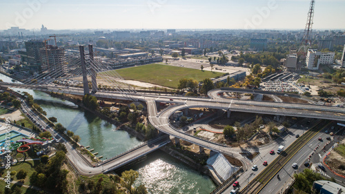Aerial view of the Ciurel Passage Suspended Bridge on a sunny day.